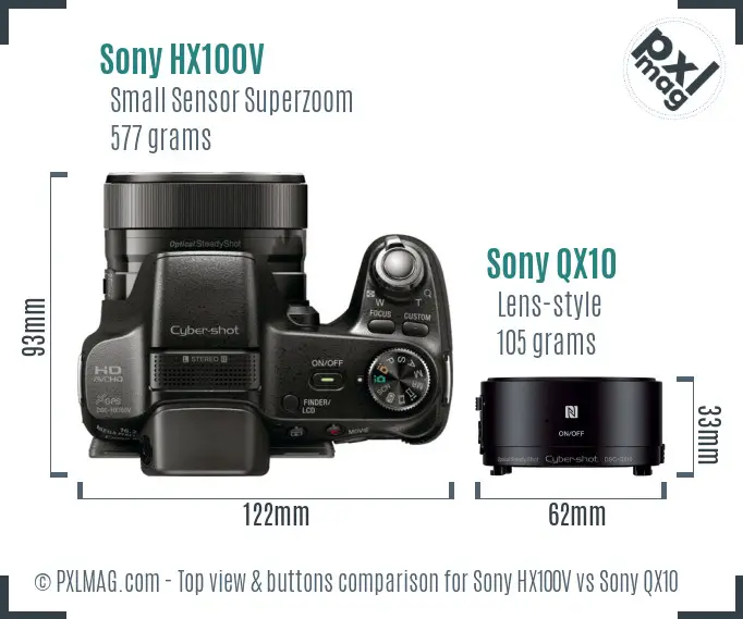 Sony HX100V vs Sony QX10 top view buttons comparison