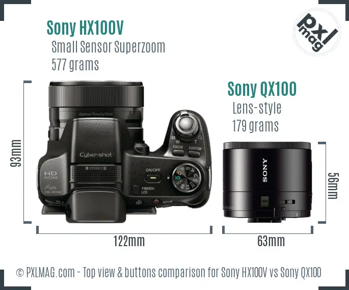 Sony HX100V vs Sony QX100 top view buttons comparison