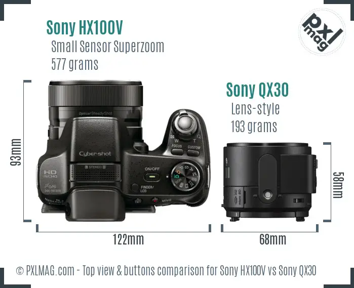 Sony HX100V vs Sony QX30 top view buttons comparison