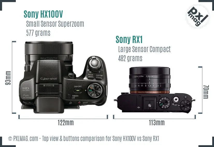 Sony HX100V vs Sony RX1 top view buttons comparison