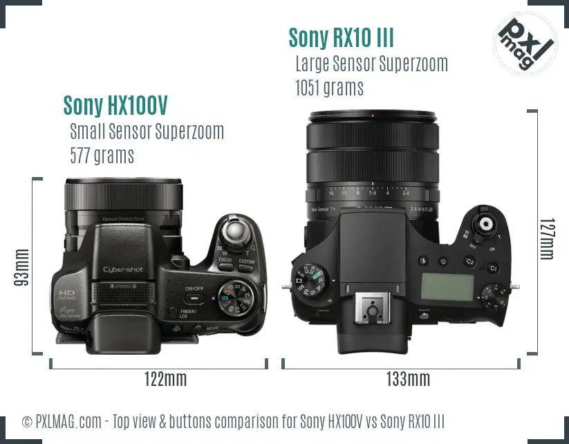 Sony HX100V vs Sony RX10 III top view buttons comparison