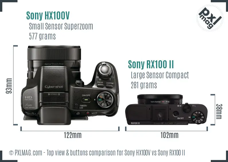 Sony HX100V vs Sony RX100 II top view buttons comparison