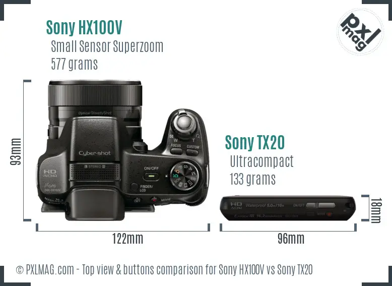 Sony HX100V vs Sony TX20 top view buttons comparison
