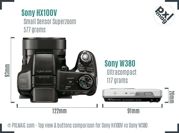 Sony HX100V vs Sony W380 top view buttons comparison