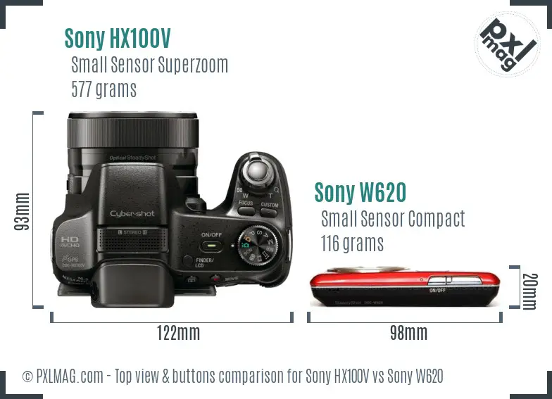 Sony HX100V vs Sony W620 top view buttons comparison