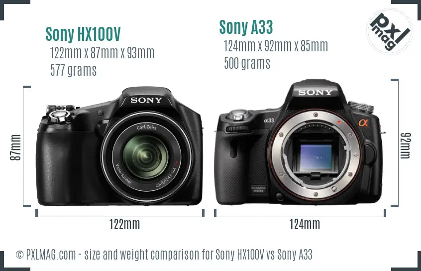 Sony HX100V vs Sony A33 size comparison