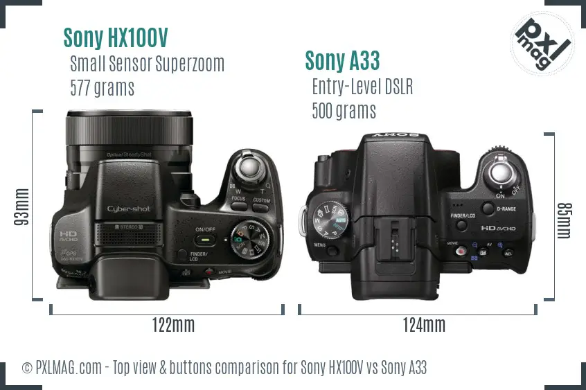 Sony HX100V vs Sony A33 top view buttons comparison