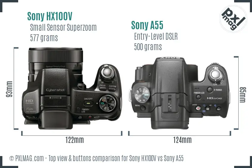 Sony HX100V vs Sony A55 top view buttons comparison
