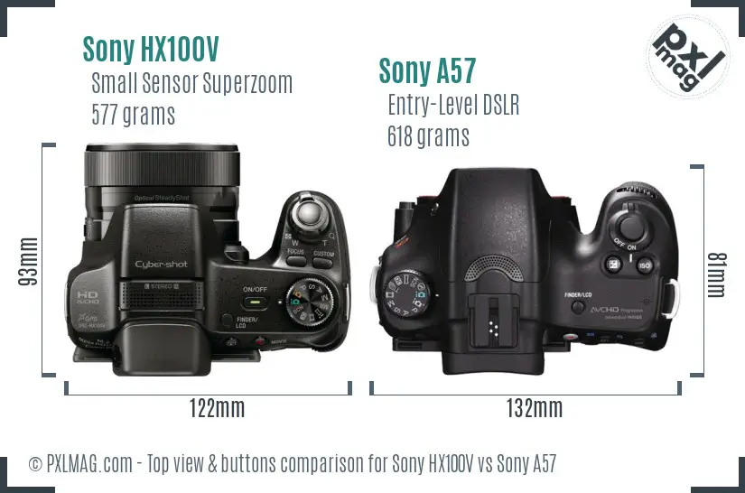 Sony HX100V vs Sony A57 top view buttons comparison
