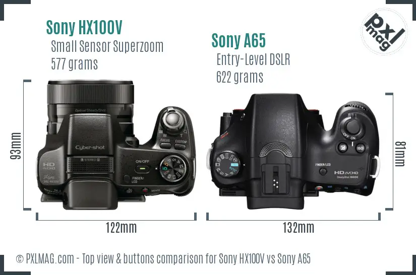 Sony HX100V vs Sony A65 top view buttons comparison
