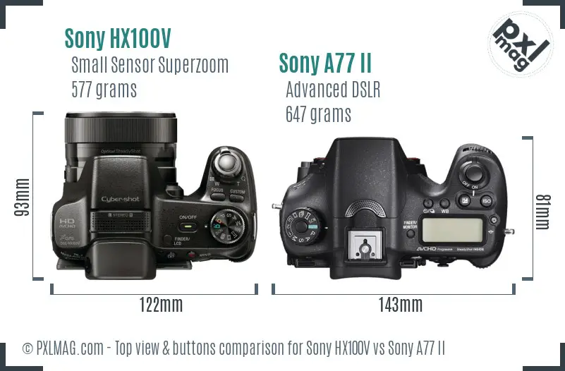 Sony HX100V vs Sony A77 II top view buttons comparison