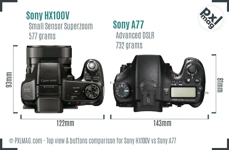 Sony HX100V vs Sony A77 top view buttons comparison