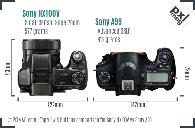 Sony HX100V vs Sony A99 top view buttons comparison