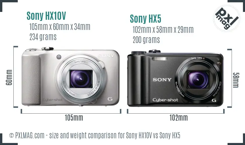 Sony HX10V vs Sony HX5 size comparison