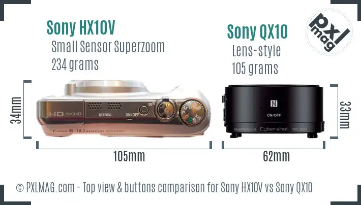Sony HX10V vs Sony QX10 top view buttons comparison