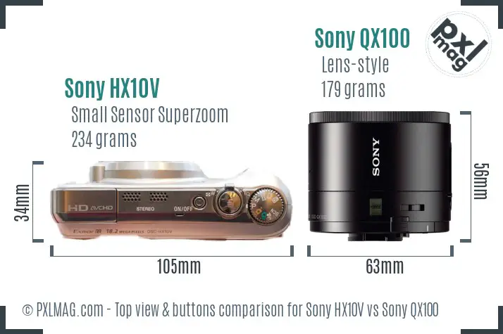 Sony HX10V vs Sony QX100 top view buttons comparison