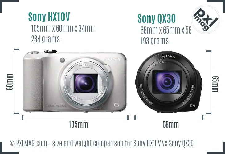 Sony HX10V vs Sony QX30 size comparison