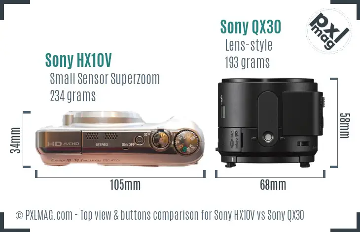 Sony HX10V vs Sony QX30 top view buttons comparison