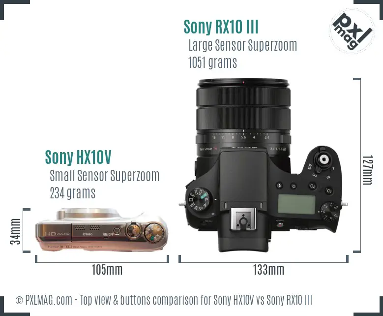 Sony HX10V vs Sony RX10 III top view buttons comparison
