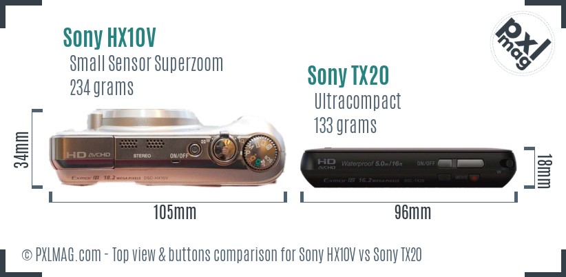 Sony HX10V vs Sony TX20 top view buttons comparison