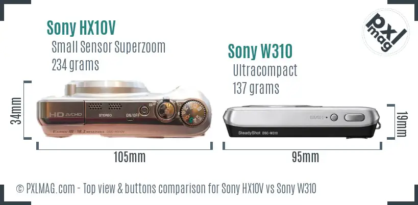 Sony HX10V vs Sony W310 top view buttons comparison