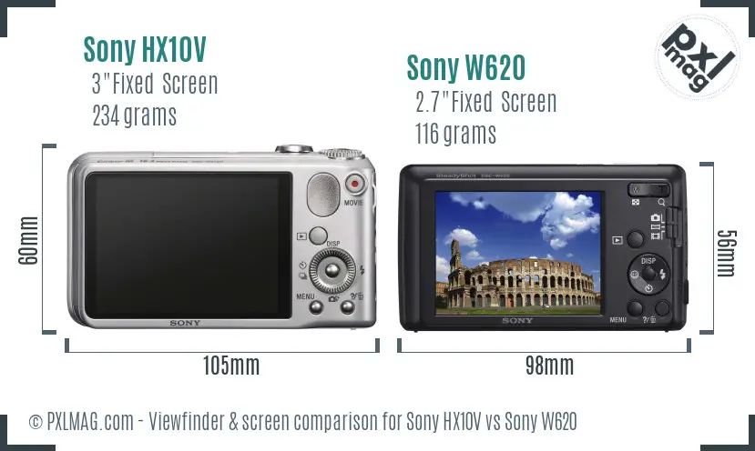 Sony HX10V vs Sony W620 Screen and Viewfinder comparison