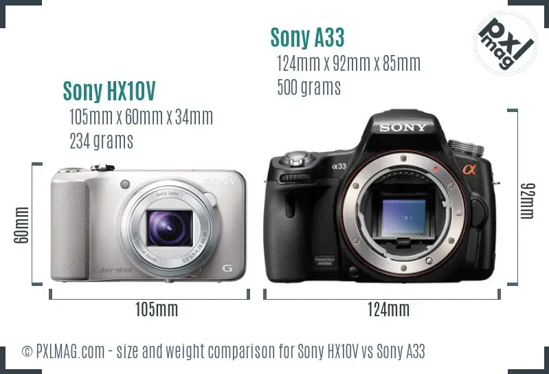 Sony HX10V vs Sony A33 size comparison
