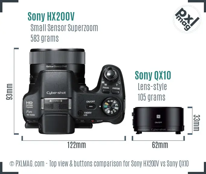 Sony HX200V vs Sony QX10 top view buttons comparison