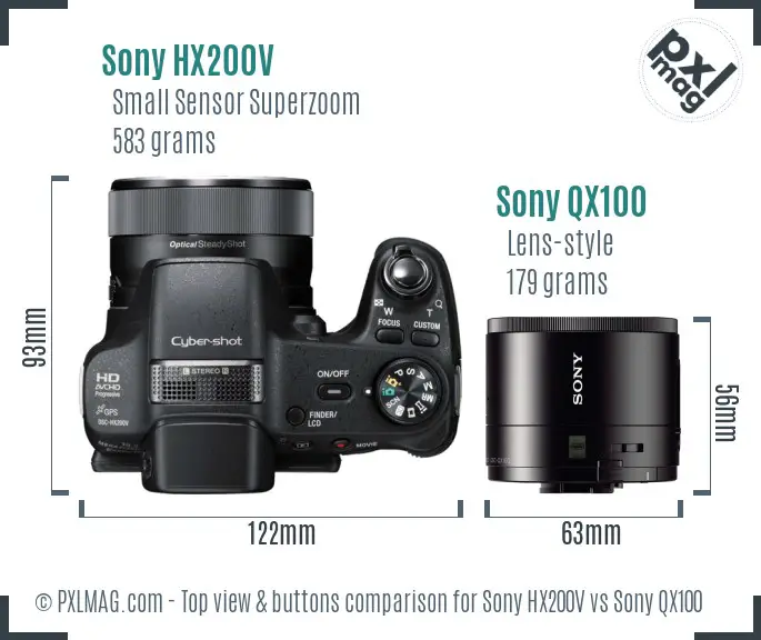 Sony HX200V vs Sony QX100 top view buttons comparison