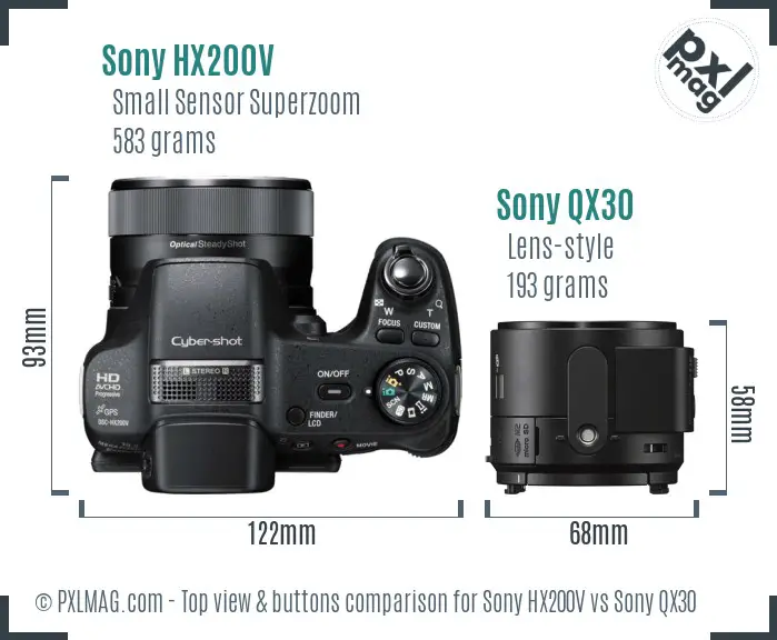 Sony HX200V vs Sony QX30 top view buttons comparison