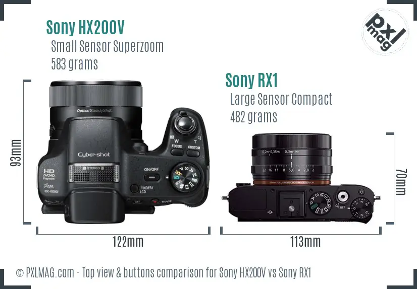 Sony HX200V vs Sony RX1 top view buttons comparison