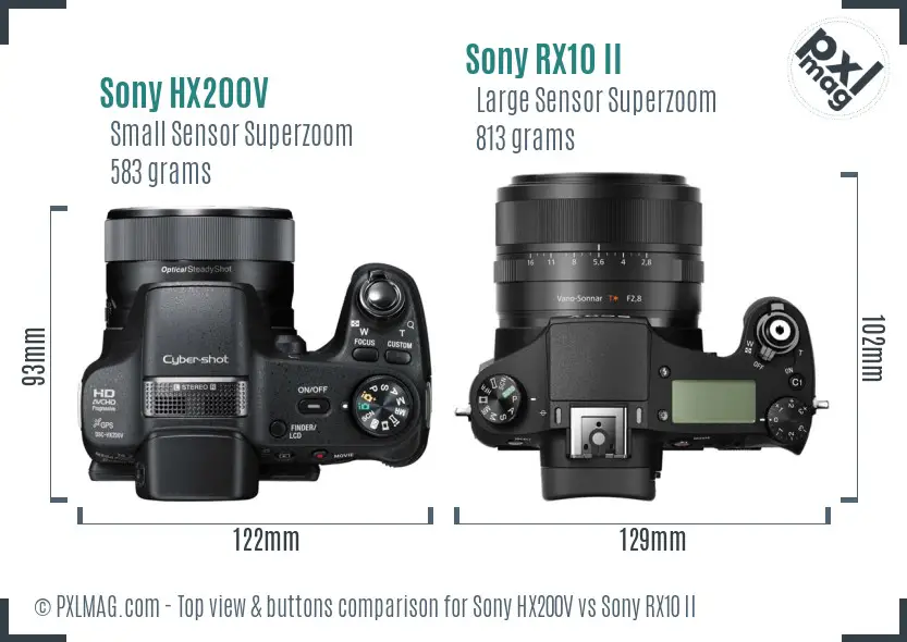 Sony HX200V vs Sony RX10 II top view buttons comparison