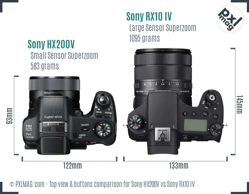 Sony HX200V vs Sony RX10 IV top view buttons comparison
