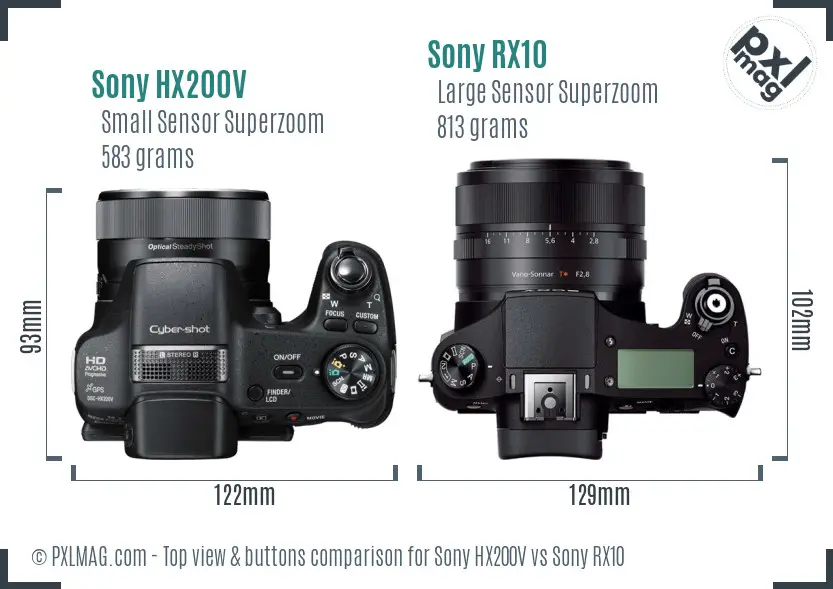Sony HX200V vs Sony RX10 top view buttons comparison