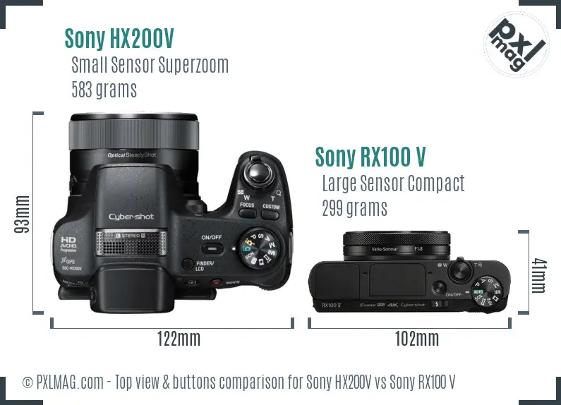 Sony HX200V vs Sony RX100 V top view buttons comparison