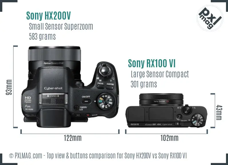 Sony HX200V vs Sony RX100 VI top view buttons comparison