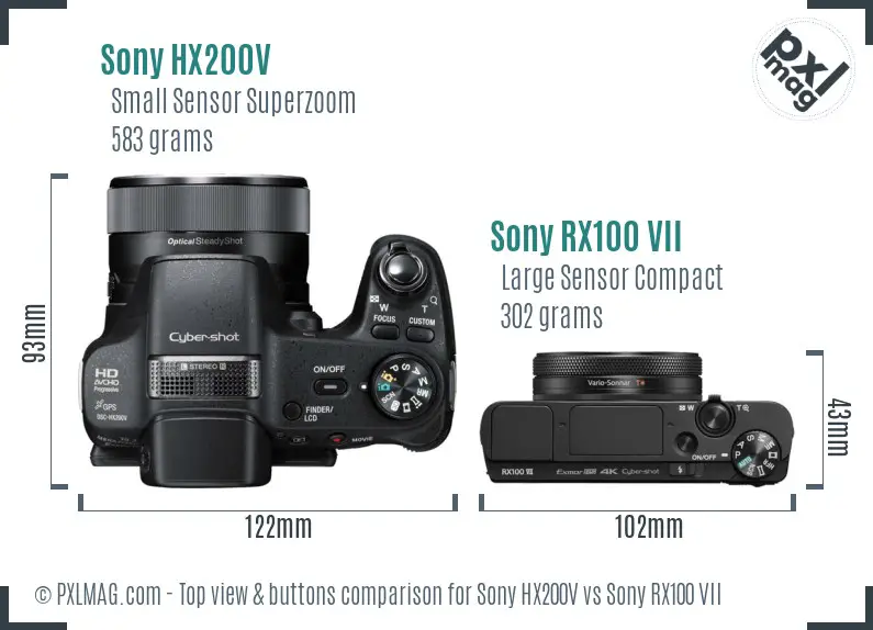 Sony HX200V vs Sony RX100 VII top view buttons comparison