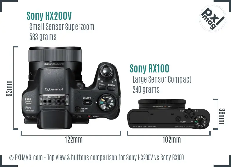 Sony HX200V vs Sony RX100 top view buttons comparison