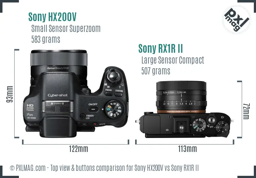 Sony HX200V vs Sony RX1R II top view buttons comparison