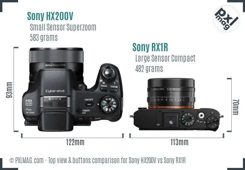 Sony HX200V vs Sony RX1R top view buttons comparison