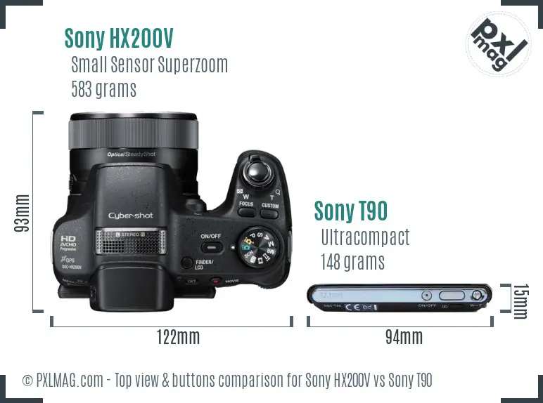 Sony HX200V vs Sony T90 top view buttons comparison