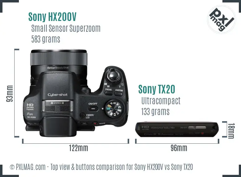 Sony HX200V vs Sony TX20 top view buttons comparison
