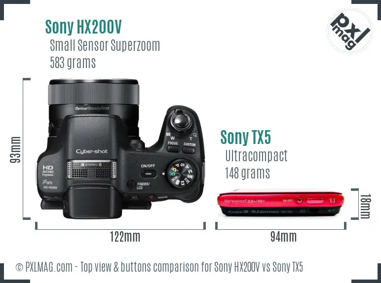 Sony HX200V vs Sony TX5 top view buttons comparison