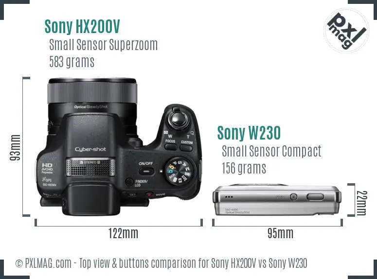 Sony HX200V vs Sony W230 top view buttons comparison