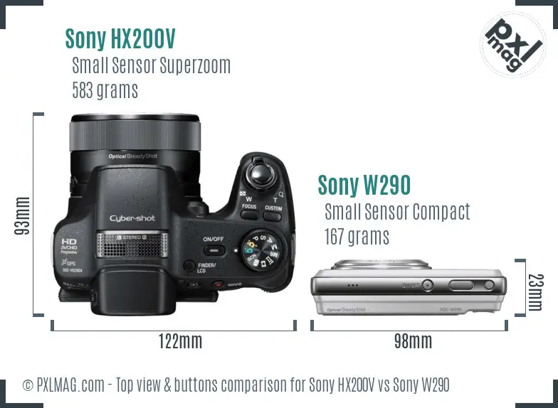 Sony HX200V vs Sony W290 top view buttons comparison