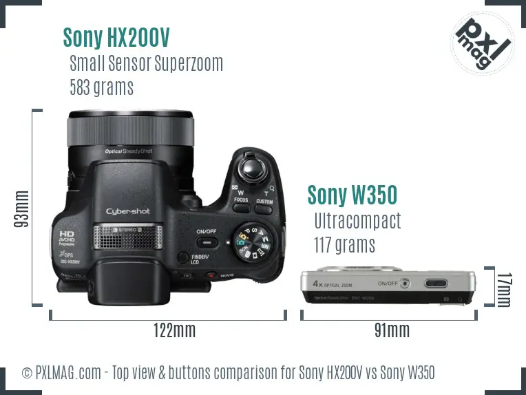 Sony HX200V vs Sony W350 top view buttons comparison