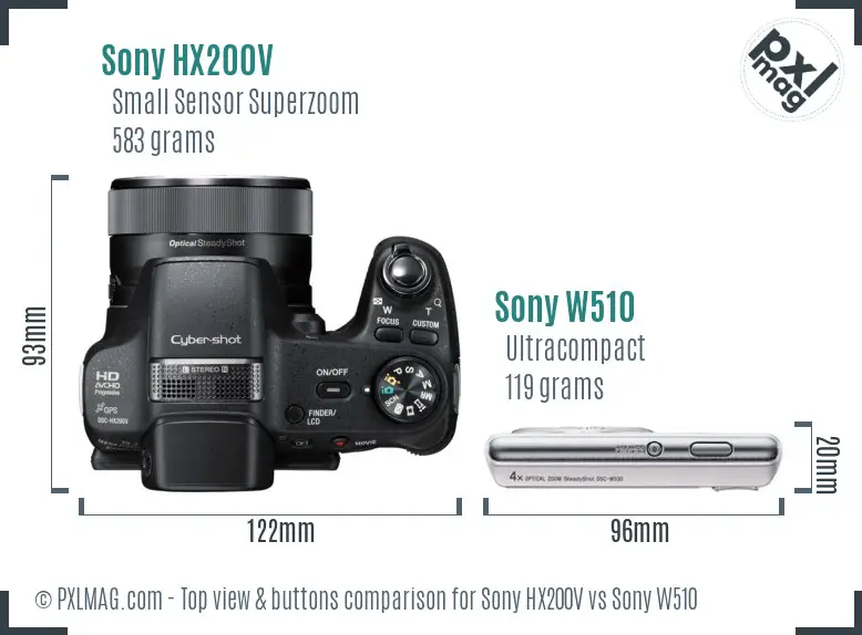 Sony HX200V vs Sony W510 top view buttons comparison