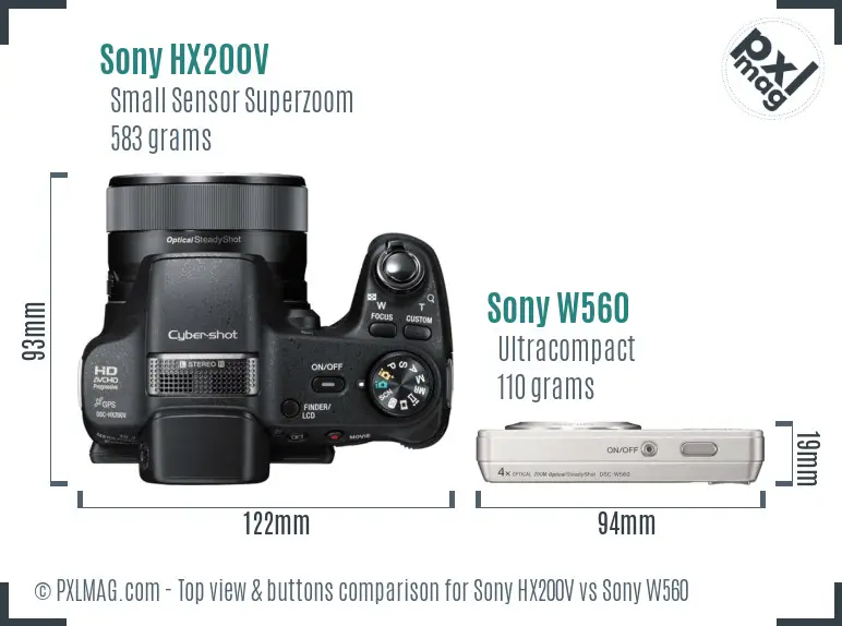 Sony HX200V vs Sony W560 top view buttons comparison