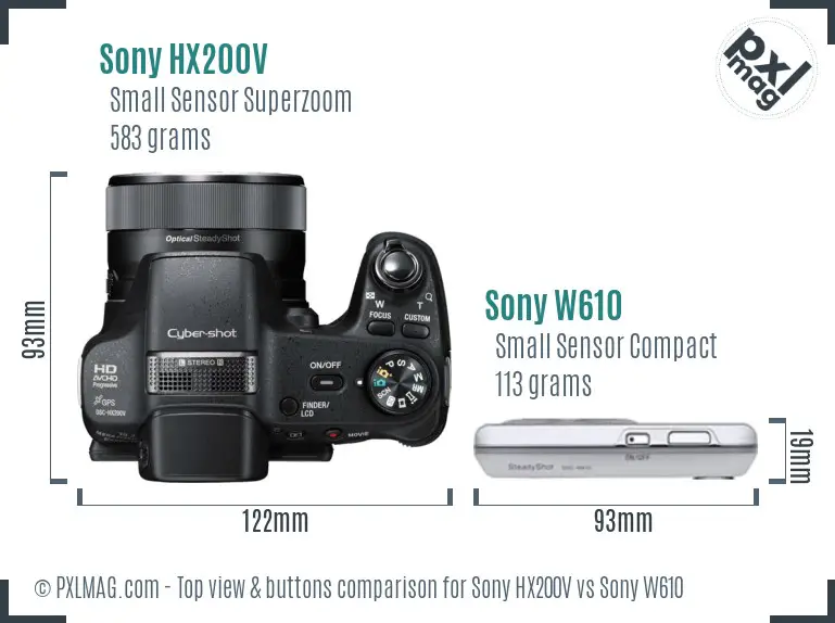 Sony HX200V vs Sony W610 top view buttons comparison