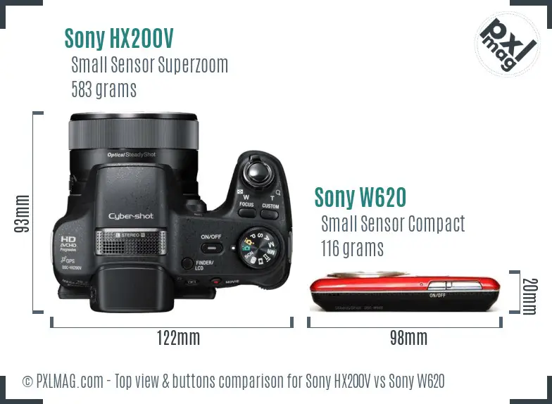 Sony HX200V vs Sony W620 top view buttons comparison
